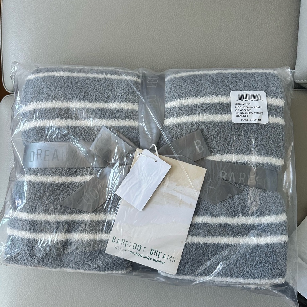 Barefoot Dreams Gray and Cream Striped Blanket